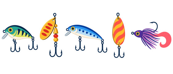Fototapeta premium Colorful set of fishing lures with minnow and spoon designs