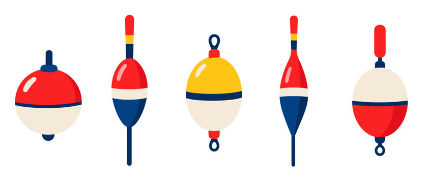 Set of colorful fishing bobbers in varied shapes