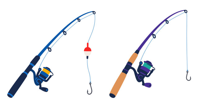 Two colorful fishing rods with reels and a bobber