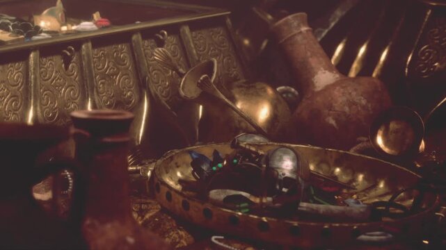 Intricate metalwork and colorful stones fill a treasure trove, showcasing forgotten artifacts and lost history. The warm glow highlights the rich textures and ornate designs of each piece.