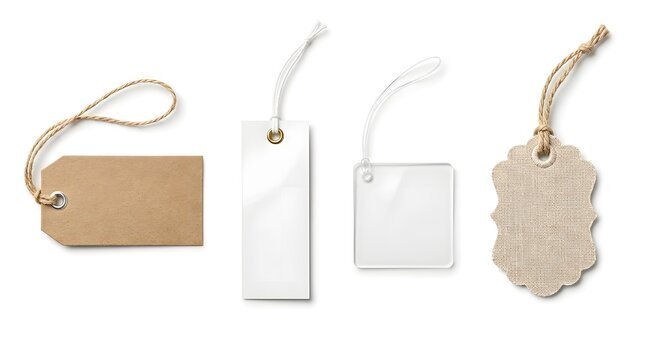 Minimalist rectangular and square product labels with various hanging cord materials on white