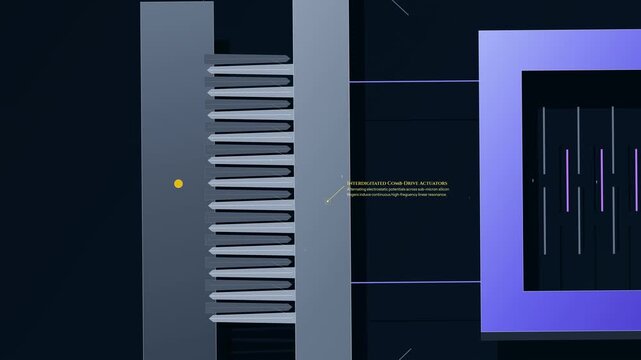 Detailed 3D animation of a MEMS silicon gyroscope explaining its internal micro-electro-mechanical components and operational principles like Coriolis force and capacitive sensing
