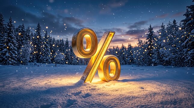 Golden percentage sign glowing in a snowy winter forest at twilight