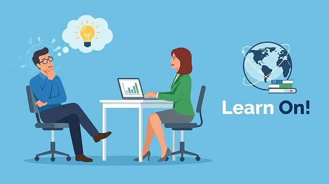 Animated man thinking with lightbulb idea while woman works on laptop