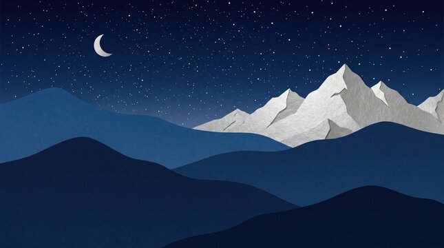 Minimalist night landscape with snowy mountain peaks and crescent moon under starry sky