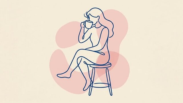 Minimalist line art woman drinking hot coffee sitting on stool animation