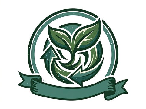 Circular logo with green leaves and arrows symbolizing sustainability and recycling