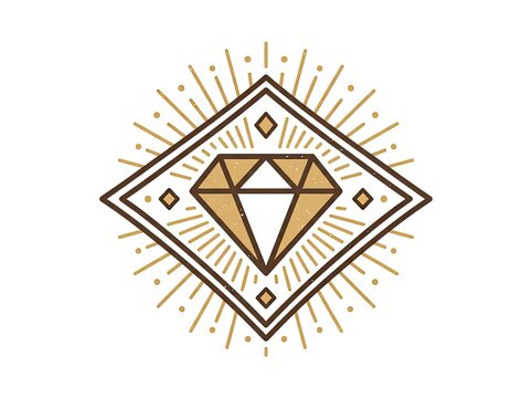 Golden diamond gemstone icon with radiant sunburst design in geometric frame