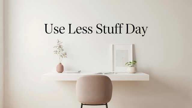 Use less stuff day text sign in a minimal home office room with a desk and a chair