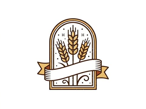 Vintage wheat sheaf emblem with ribbon banner in arched frame