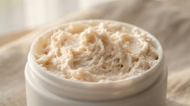 whipped body butter texture macro Close-up of a jar filled with creamy, whipped body butter or skincare product