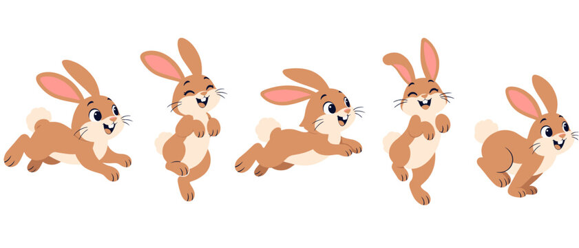 Cartoon rabbits running and hopping in playful poses