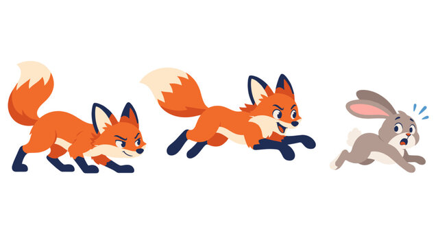 Two cartoon foxes chasing a frightened rabbit