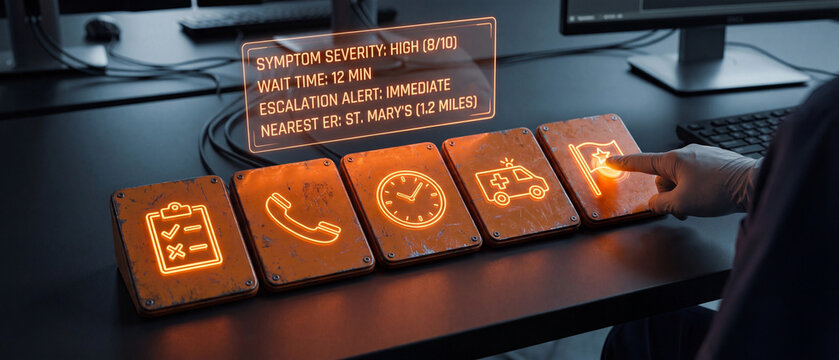 Emergency medical response and healthcare management concept, hands interacting with icons of clipboard, telephone, clock, ambulance, and star, medical alert system, patient monitoring triage