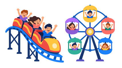 Naklejka na ściany i meble Children riding a roller coaster and Ferris wheel