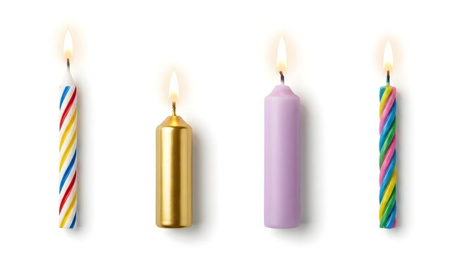 Lit birthday candles of various shapes and colors isolated on white background