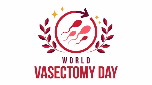 World vasectomy day celebration graphic with sperm cells and laurel wreath icon