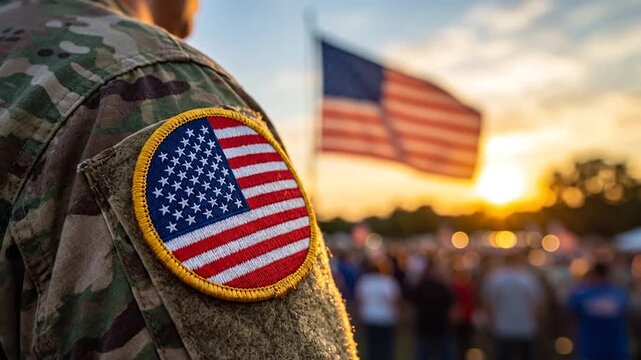Soldier wearing camouflage uniform with flag patch during sunset event