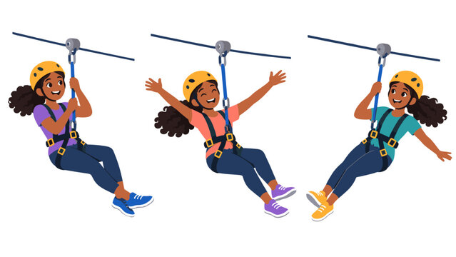 Girls ziplining in helmets and safety harnesses