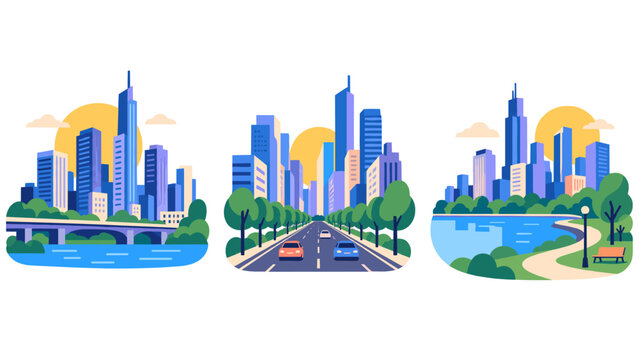 Colorful cityscape set with skyline road and waterfront park