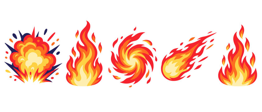 Set of cartoon flames with an explosion and fireball