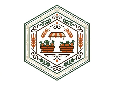 Hexagonal emblem featuring baskets of carrots and wheat stalks under a striped awning