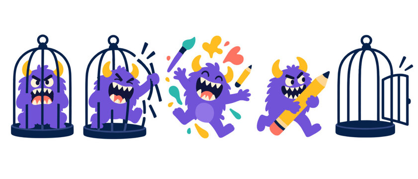 Purple cartoon monsters escape cages with pencils and paintbrushes