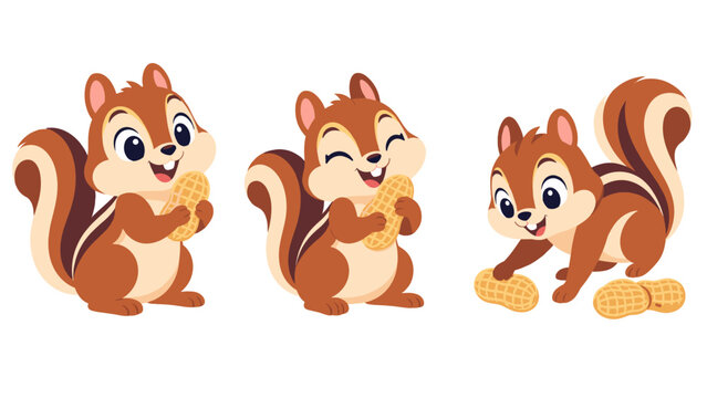 Cartoon chipmunks holding peanuts in playful poses