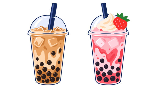 Milk tea and strawberry bubble tea with tapioca pearls