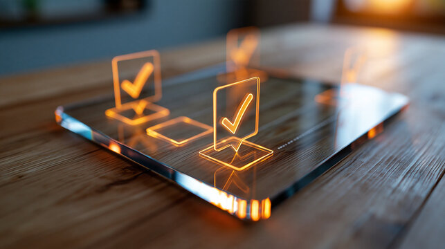 Transparent checklist panel resting on a natural wooden table with softly glowing orange approval symbols warm light grazing the grain and polished glass edges subdued neutral