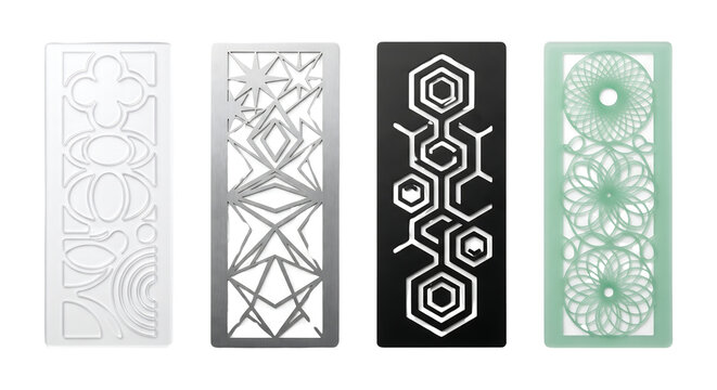 Four rectangular panels featuring different intricate laser cut geometric patterns white background, geometric pattern white background