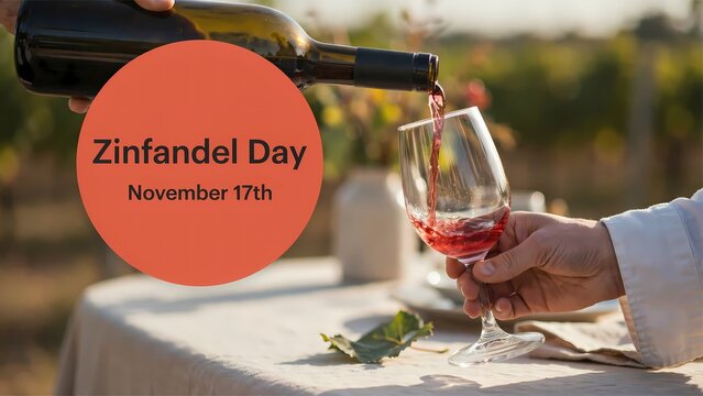Red wine pouring into a glass for zinfandel day celebration on november 17th in a vineyard