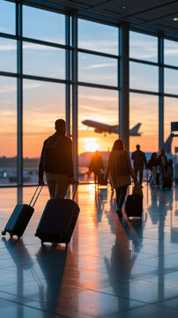 Wide rear view of silhouetted passengers pulling luggage through an airport terminal at sunset amber light crossing the polished floor beneath large glass windows a departing