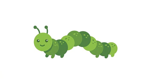 Cute green cartoon caterpillar with smiling face and antennae crawling on white background