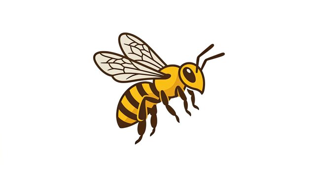 Cartoon-style bee with yellow and black stripes flying against white background