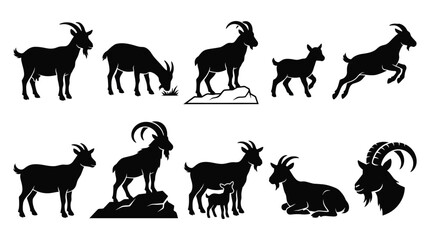 Fototapeta premium Silhouetted goat shapes in various poses on white background