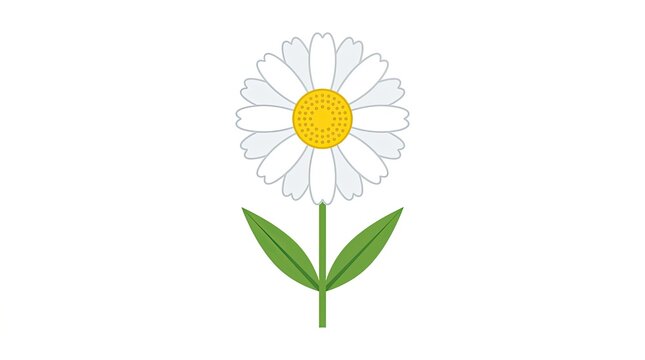 Simple white daisy flower with yellow center and green stem and leaves