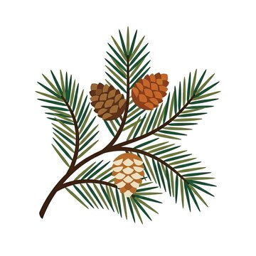 Pine branch with three pinecones and green needles on white background