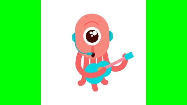Animated cute one eyed alien playing guitar with headset