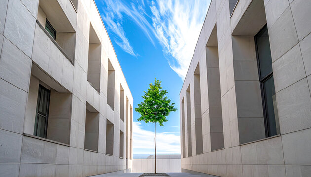 Single green tree centered between modern white buildings under a bright blue sky
白い現代建築の間に立つ一本の木と青空が描く都市と自然の共存