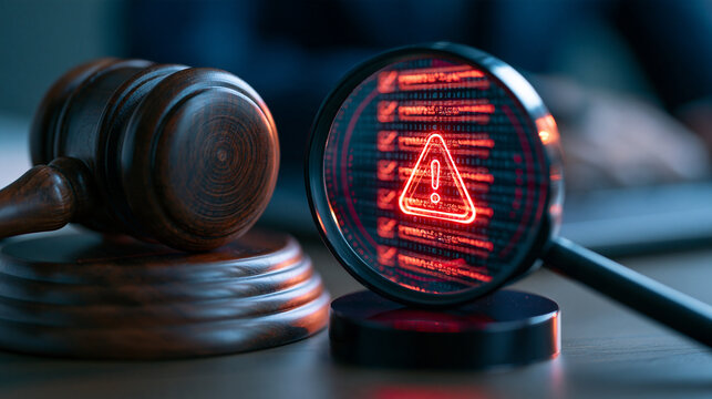 Wooden judge gavel resting beside a magnifying glass enlarging a red error triangle within a glowing digital checklist polished wood grain and glass reflections in crisp focus
