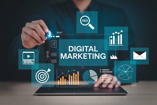 Digital marketing strategy with seo analytics and business growth charts on tablet screen.