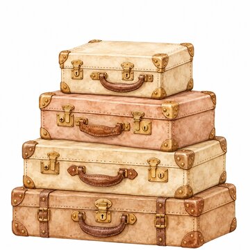 Vintage watercolor stacked luggage suitcases, travel nursery illustration