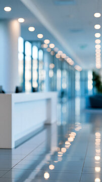 Softly defocused office lobby with a white reception counter and long glass corridor gentle window reflections and overhead light pools merging into a cool neutral background