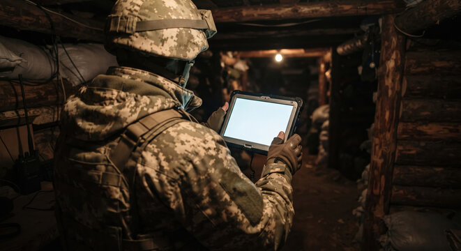 Military soldier in tactical gear holding a rugged digital tablet with empty blank screen against a neutral background.