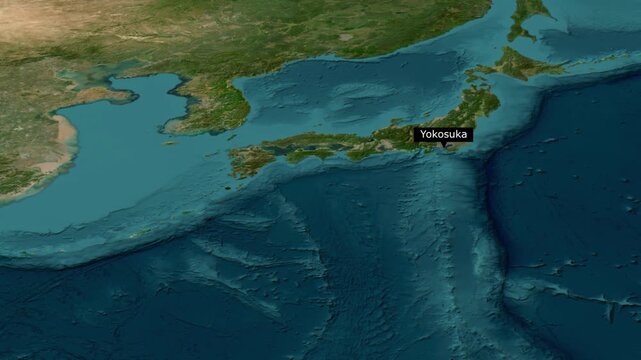 3D Satellite Map Animation Zooming Over East Asia with Black Label Marking Yokosuka on the Pacific Coast and Tokyo Bay Area