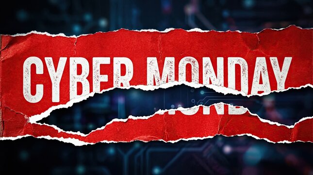 Cyber monday sale announcement with torn red paper effect over a dark blue digital background