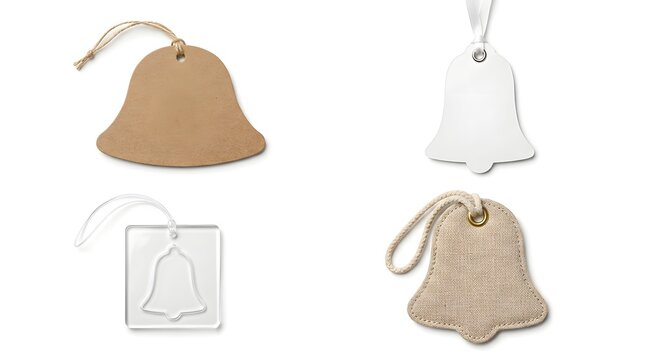 Set of four bell shaped tags made from paper fabric and clear plastic