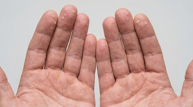 Close-up of human fingertips showing dyshidrotic eczema blisters, pompholyx rash, or viral skin lesions against a neutral background for medical and dermatological healthcare concepts