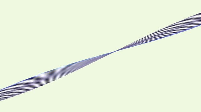 Minimalist diagonal stripe of blue and violet crosshatched wireframe lines extends across a pale background in a 3D animation